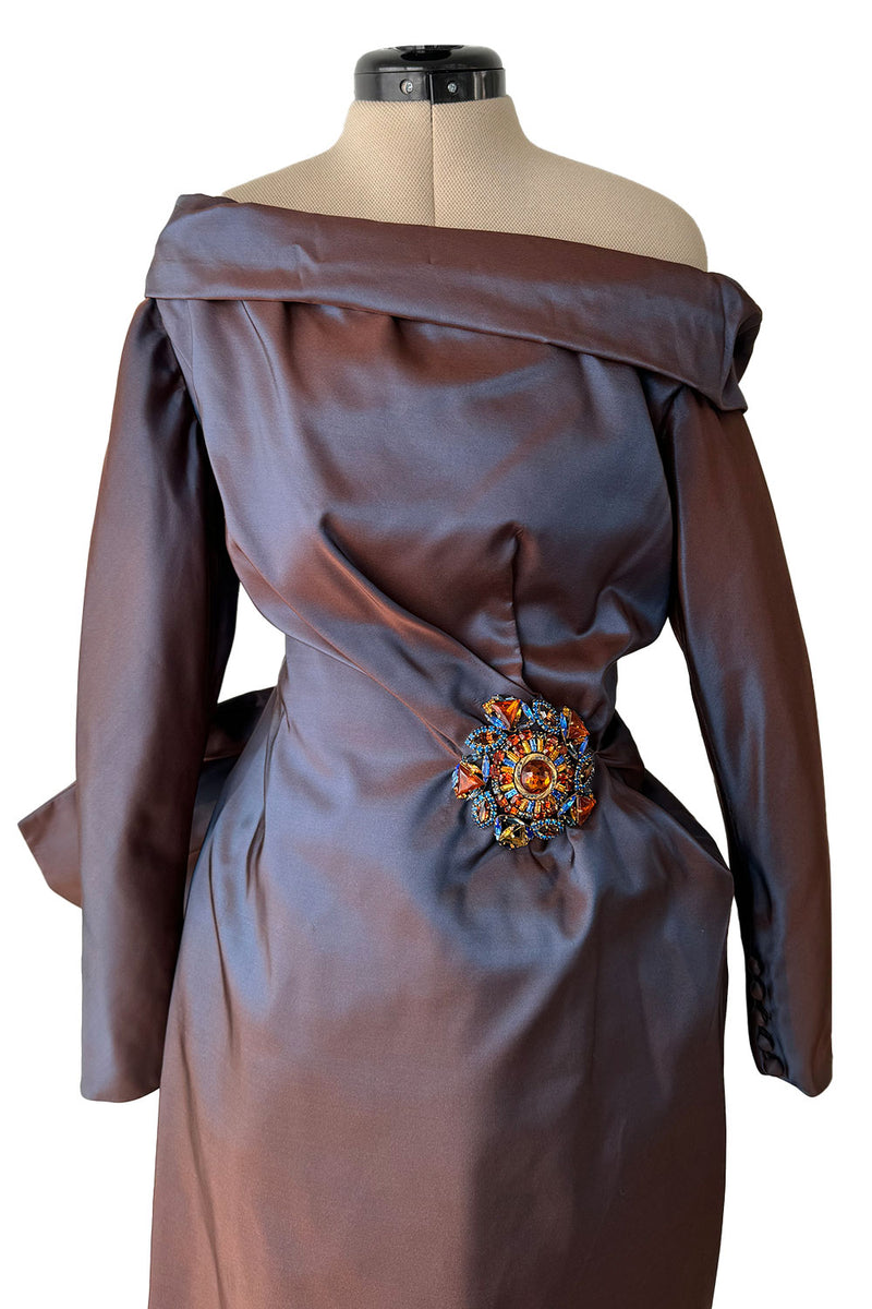 Fall 1990 Christian Lacroix Haute Couture Silk Runway Backless Dress w Original Jewel Brooches