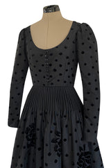 Fall 1974 Louis Mies Couture YSL Silk Taffeta Dress w Hand Embroidered Velvet Rose Detail