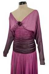 Stunning 1970s Bill Gibb Deep Purple Fuchsia Silk Chiffon & Glitter Dress w Deep Front & Back Plunge