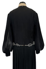 Gorgeous 1960s James Galanos Meticulously Pleated Black Silk Chiffon Dress w Elaborate Belt