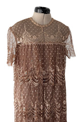 Prettiest 1960s Gold & Taupe Net Lace & Rhinestone Tiered Scalloped Edge Dress