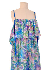 Spectacular Spring 1978 Christian Dior by Marc Bohan Blue Floral Silk Chiffon Dress w Ribbon Straps