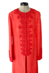 1970s Oscar de la Renta Coral Orange Wide Leg Pant & Long Caftan Tunic Set w Silk Cord Detailing