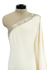 Beautiful 2000s Emilio Pucci Ivory Silk One Shoulder Caftan Dress w Gold & White Beaded Detail