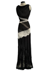 Ethereal Spring 2011 Nina Ricci by Peter Copping Black Silk Chiffon & Ivory Lace Plunge Dress