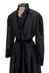 Early 1980s Louis Feraud Black Silk Tafetta Dress w Puff Shoulder Sleeves & Velvet Detailing