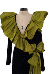 Amazing Fall 1984 Yves Saint Laurent Runway Black Velvet Wrap Dress w Olive Silk Taffeta Ruffles