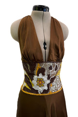 Phenomenal Spring 2005 Original Valentino Runway Look 56 Brown Yellow Floral Print Halter Dress w Sequin Waist Band