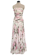 Prettiest 1970s Lanvin Couture Pastel Floral Print Strapless Silk Chiffon Dress w Balloon Sleeve Jacket