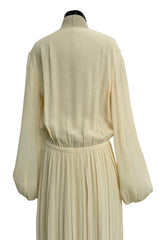 1970s Lanvin by Jules-Francois Crahay Couture Ivory Silk Chiffon & Floral Silk Ribbon Dress