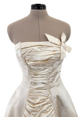 1950s Philip Hulitar Couture Strapless Gathered Front Champagne Ivory Silk Dress w Bow