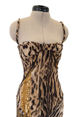 Sexiest 2003 Roberto Cavalli Laced Back Corset Leopard Print Silk Chiffon Dress w Stitched Panels