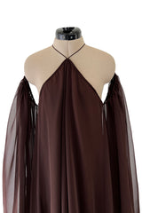 Extraordinary 1970s Yuki Brown Chiffon Caftan Dress w Open Shoulders & Incredible Sleeves