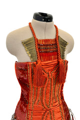 Iconic Spring 2011 Gucci by Frida Giannini Runway Look 41 Burnt Orange Silk Cord, Brass & Feather Dress