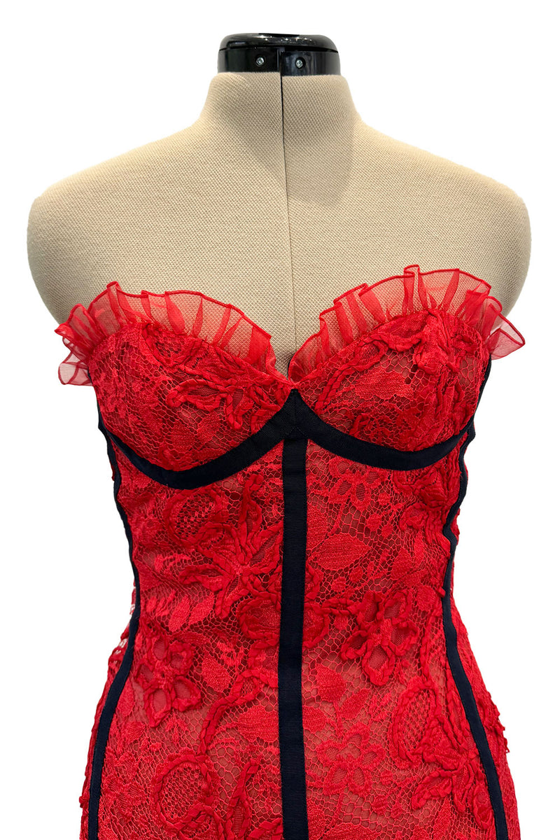Amazing Spring 1992 Yves Saint Laurent Runway Red Lace Strapless Dress w Grosgrain Detailing