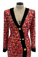 Spectacular Fall 1990 Givenchy Red Silk Organza Button Dress w Sequins & Velvet Trim &