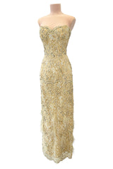 Fabulous 1950s Unlabeled Pearl, Bead & Feather Detailed Yellow Lace Dress w Matching Cape