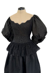 Romantic 1980s Oscar de la Renta Backless Black Silk & Lace Dress w Killer Pouf Sleeves