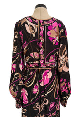 Dreamiest 1970s Emilio Pucci Black Silk Jersey Dress w V Front & Pink Flower Print