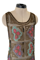 Intricate 1920s Unlabeled Gold Metallic Lame Thread & Sequin on Black Silk Net Flapper Dress