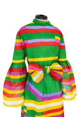 Spectacular 1968 Bill Blass Bright Striped Silk Organza Dress w Original Bow Belt & Bell Sleeves