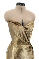 Fabulous c.1986 Thierry Mugler Strapless Metallic Gold Lurex Mini Dress w Buckle Detail