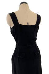 Striking Spring 1996 Chanel by Karl Lagerfeld Black Fitted Dress w Pockets Chanel Buttons & Belt