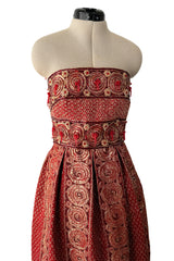 Stunning 1960s Paul Whitney Numbered Strapless Beaded Gold & Red Silk Brocade Dress