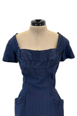 Prettiest 1950s Ceil Chapman Fitted Blue Dress w Hip Pockets & Pleated Bodice Detailing