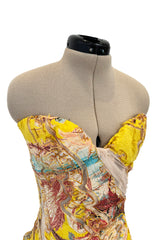 Very Rare Spring 2003 Roberto Cavalli Printed Silk & Net Boned Corset & Red Sequin Mini Skirt Set