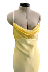Prettiest 1980s Bob Mackie Pale Pastel Yellow Chiffon Dress w Draped Neckline & Flowing Skirt