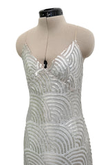 Fantastic 1970s Christian Dior Marc Bohan Silver Sequin Silk Chiffon Dress w Baby Blue Lining