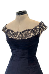 Elegant 1950s Jobere New York Deep Blue Silk & Silk Chiffon Dress w Lace Detailing