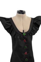 Spring 1992 Yves Saint Laurent Ad Campaign Black Dress w Green & Red Enamel Heart Buttons