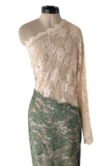 Dreamiest 1970s Geoffrey Beene One Shoulder Soft Blush Pink & Moss Green Corded Lace Dress