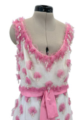 Late 1960s Belleville et Cie Couture Ivory Silk Net Dress w Pink Chiffon & Beaded Details
