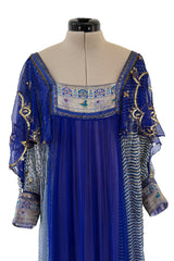 1960s Bloomingdales Label Royal Blue Silk Chiffon & Gold Thread Caftan