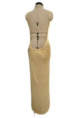 Amazing 1990s Gianni Versace Gold Metallic Knit Dress w Open or Lace up Back & Side Slit