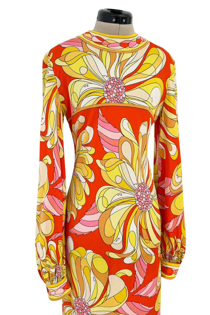 Gorgeous 1960s Emilio Pucci Brilliant Citrus Coloured Silk Jersey Dress w Huge Floral Print
