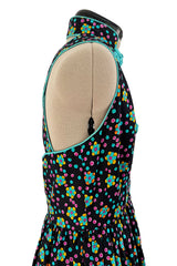 Prettiest Early 1970s Oscar de la Renta Floral Printed Halter Dress w Frog Knots & Open Back