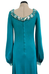 Stunning Spring 1971 Loris Azzaro Deep Turquoise Silk Jersey Dress w Densely Beaded Plunging Front Detail