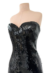 Incredible 1976-1978 Loris Azzaro Strapless Glossy Black Sequin Dress wLayered Net Tulle Skirt