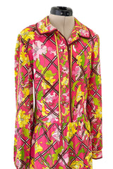 Prettiest 1960s Emilio Pucci Original Pink Silk Jersey Dress w Lattice Flower & Leaf Print