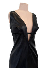 Exceptional Fall 2000 Richard Tyler Couture Plunging Front & Open Back Sculpted Black Ultrasoft Leather Dress