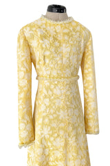 Prettiest 1960s Yves Saint Laurent Stoffler Fabrics Yellow Brocade Dress w Clear Beads