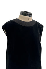 Minimalist 1960s Pierre Cardin Black Cotton Velvet Mod Shift Dress w Grosgrain Detailing