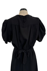 Gorgeous 1940s Unlabeled Black Crepe Dress w 3D Floral Detailed Bright Red Bow Appliques