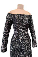 Iconic Fall 1989 Patrick Kelly Off Shoulder Silver Leopard Print Dress in a Soft Stretch Velour