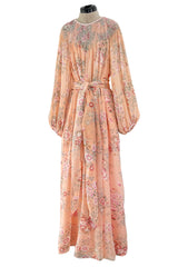 Incredible 1970s Hanae Mori Floral & Butterfly Peach Silk Chiffon Dress w Balloon Sleeves & Beading