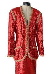 Bright Red 1980s Balenciaga Le Dix Sequin Jacket & Skirt Suit w Gold Braiding & Beadwork Detailing